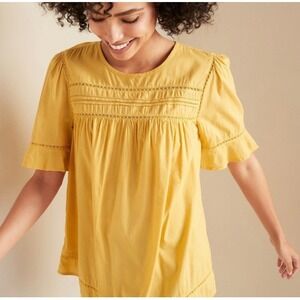Old Navy Mustard Yellow Boho Peasant Blouse Medium Relaxed Fit Short Sleeve